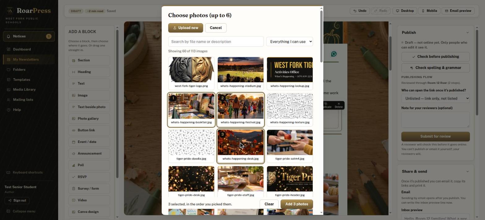 Choose photos dialog with three photos selected