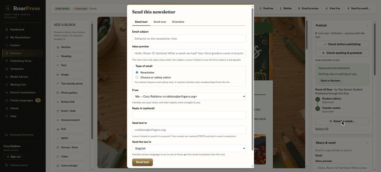 Send this newsletter dialog with Send test, Send now and Schedule