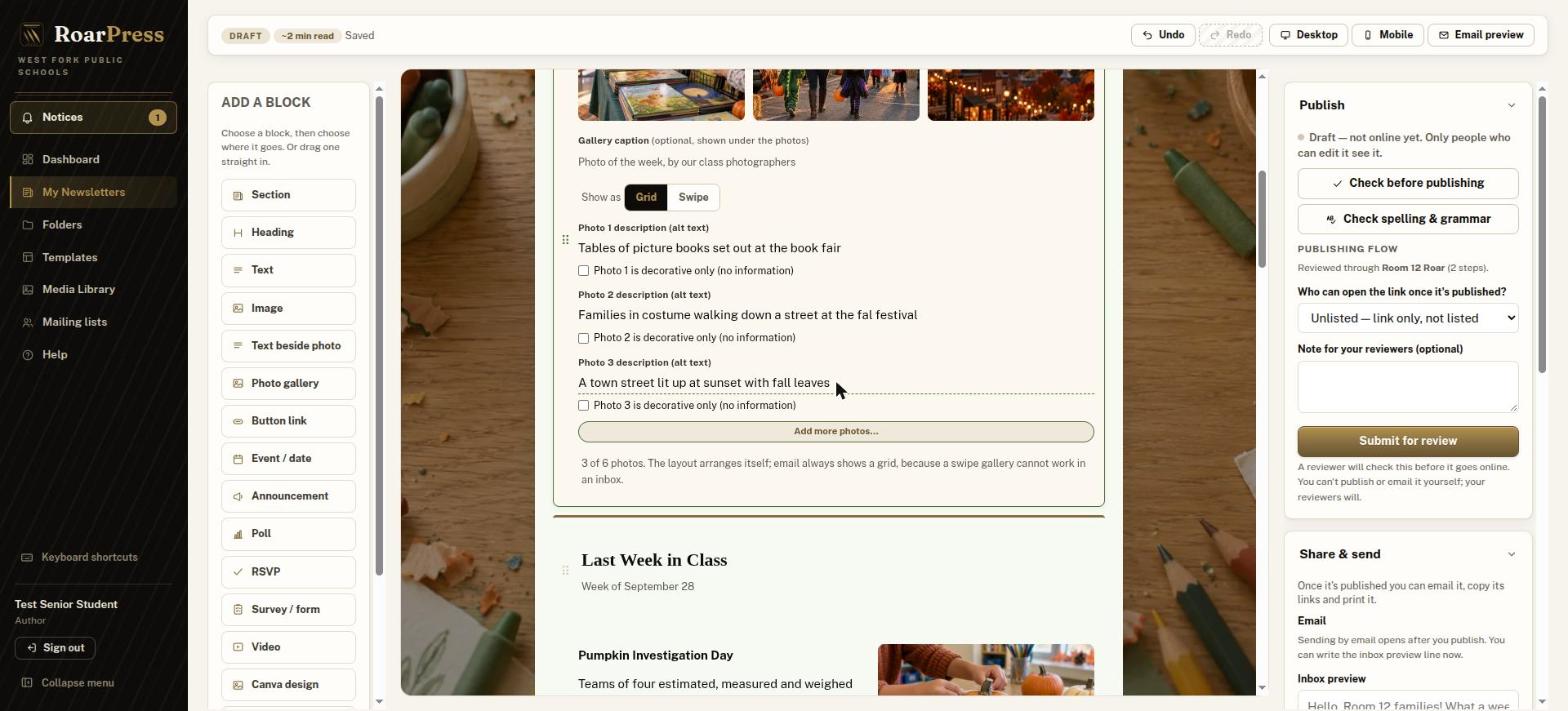 Photo gallery with caption and alt text descriptions filled in