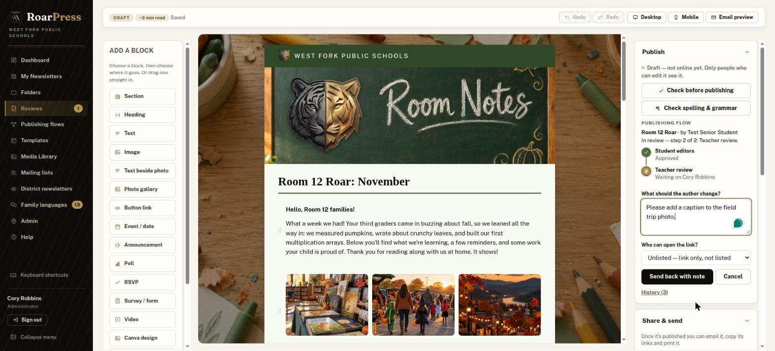 Request changes box with a note and Send back with note