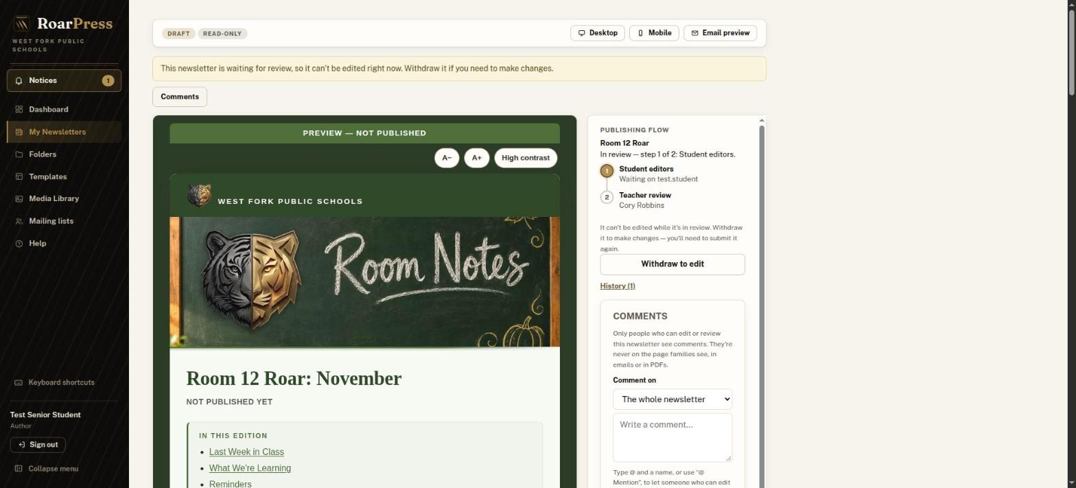 Submitted newsletter, read-only, with the review progress strip