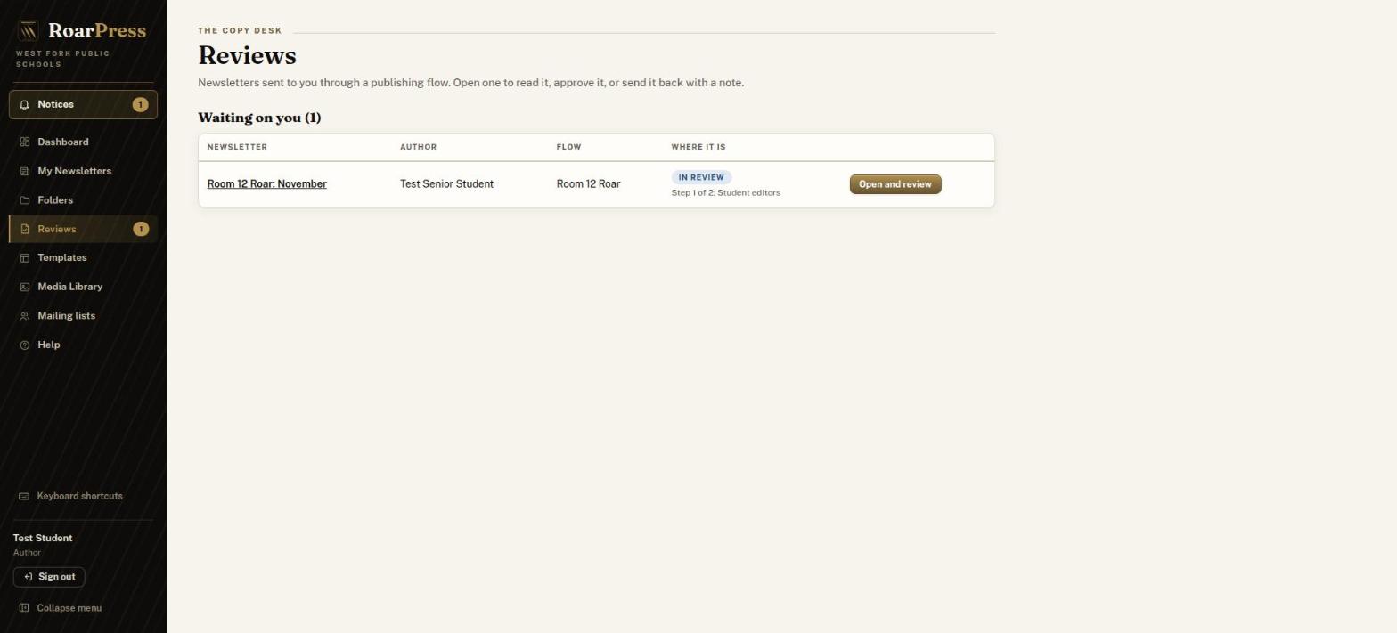 Reviews page for the student editor with one newsletter waiting