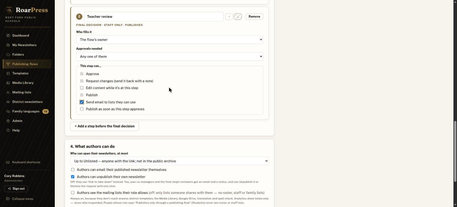 Final step Teacher review filled by the flow owner, with Send email ticked