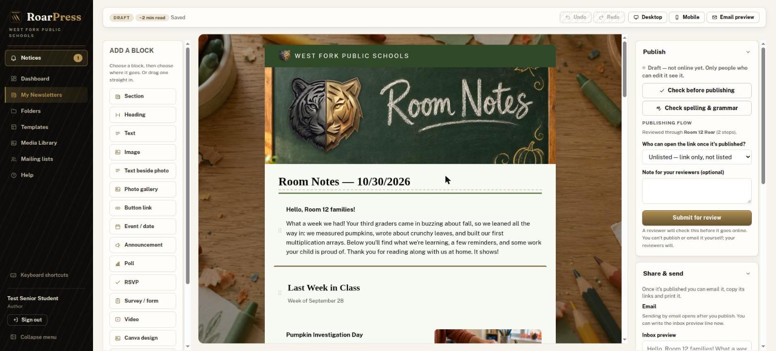 Student editor view with the Submit for review button