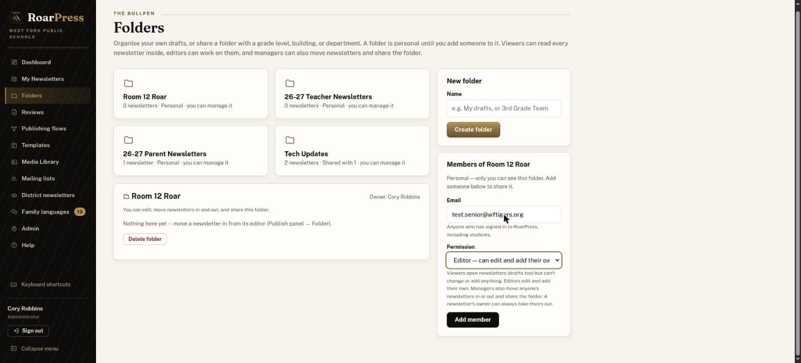 Folder members box with a student email and Editor permission