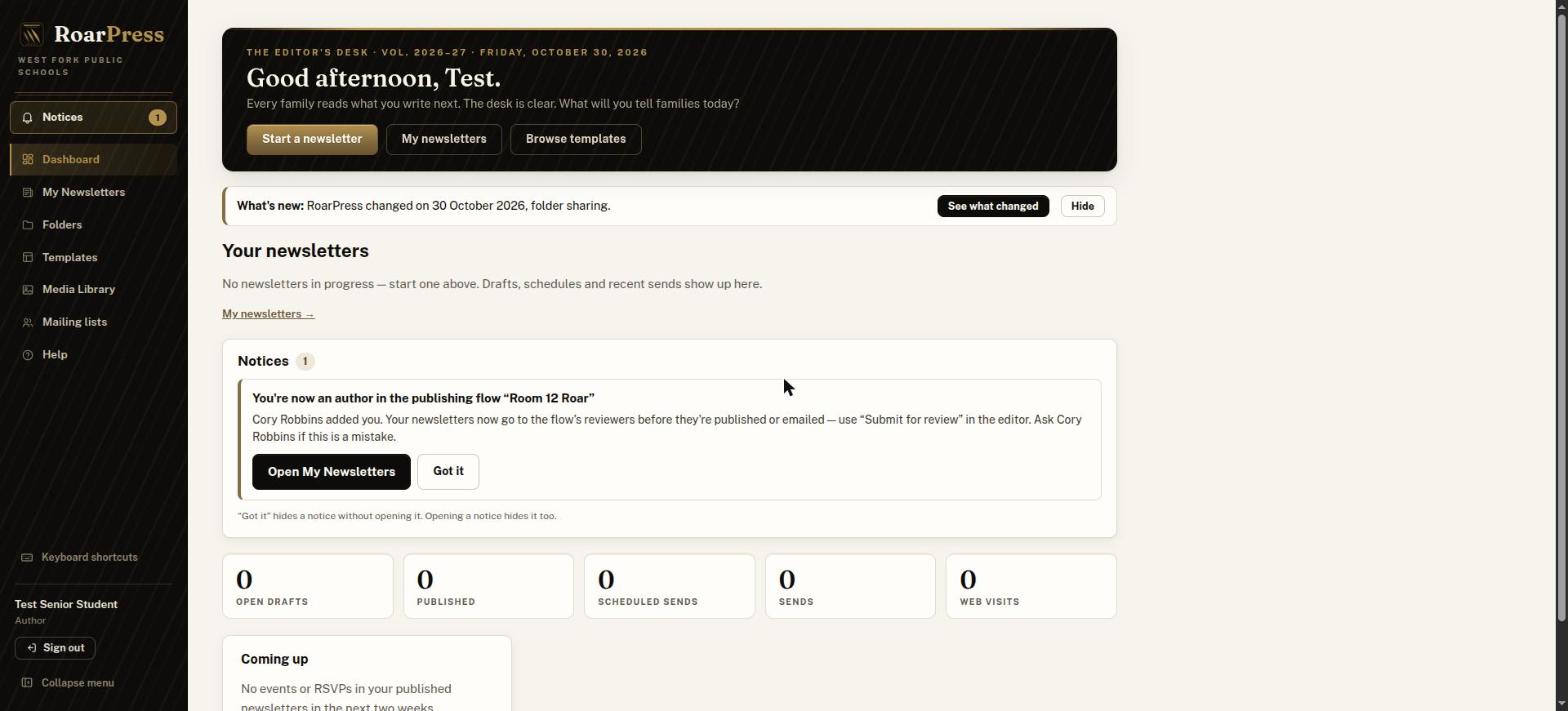Student dashboard notice saying they are now an author in the flow