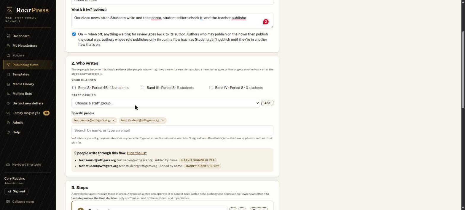 Who writes section showing classes, specific people and the Show who list