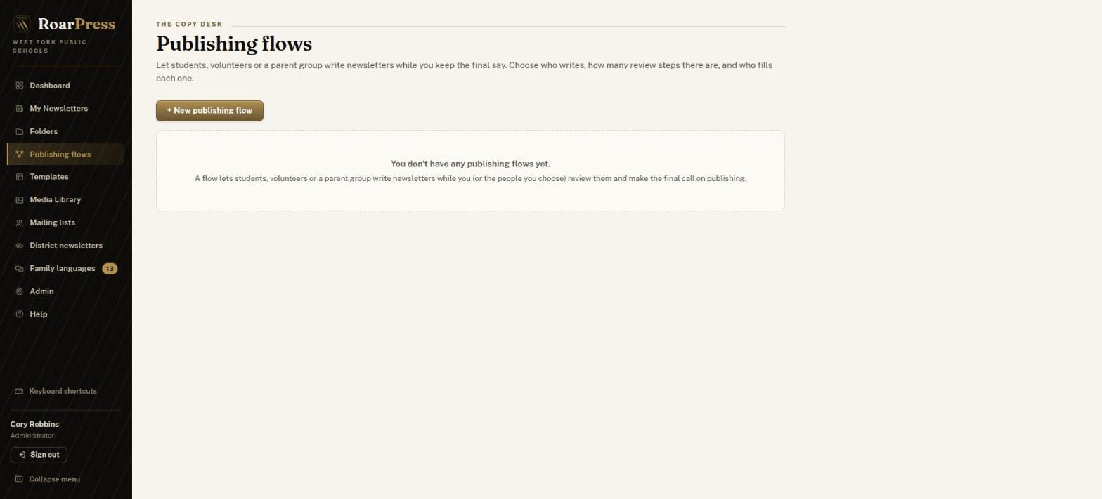 Publishing flows page with the New publishing flow button
