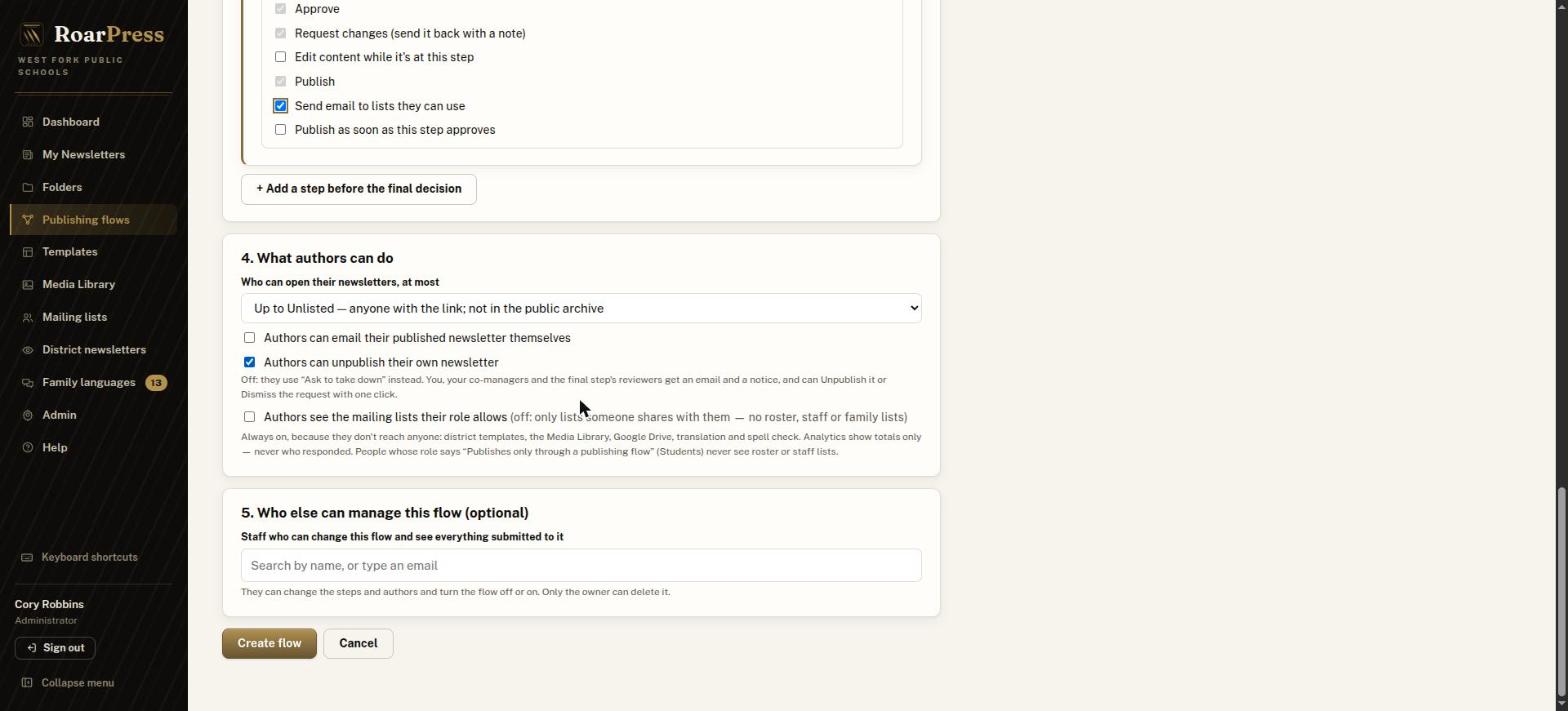 What authors can do settings and the Create flow button